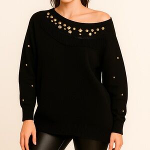 Vintage Black Studded Fringe Sweater XL 80s Glam Western Rhinestone Cowgirl